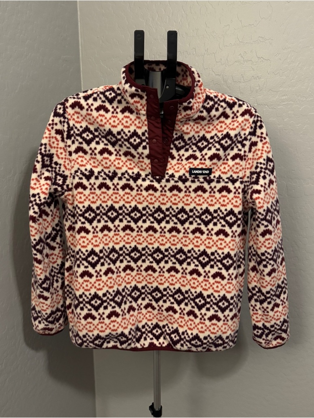 Lands’ End Fleece Pullover Womens M 10-12 Fair Isle Nordic Snap Collar